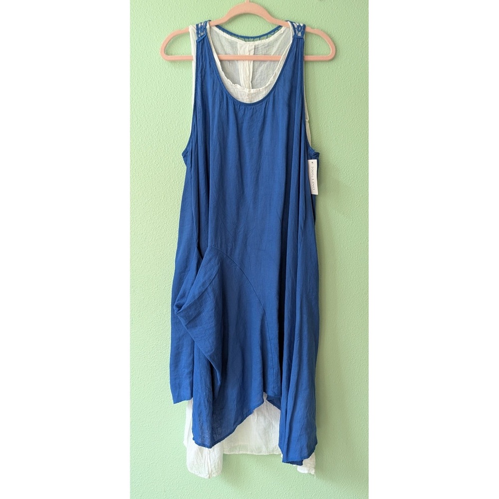 NWT Lagenlook Blue Linen Layered Midi Dress Boho Crochet Lace Back White Cotton